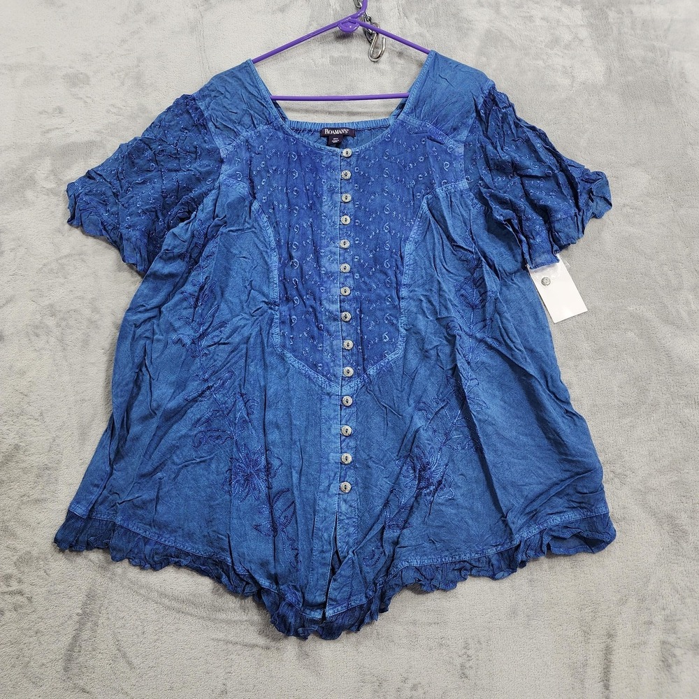 NEW Roaman's Top Womens 18W Blue Acid Wash Tunic Ruffled short Sleeve Tunic